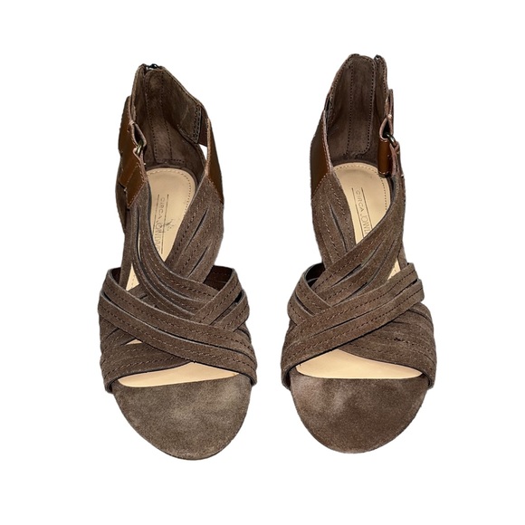 New Joan David Suede Crisscross Strap Wedge Heel Sandals 7.5 Light Brown - Picture 1 of 14